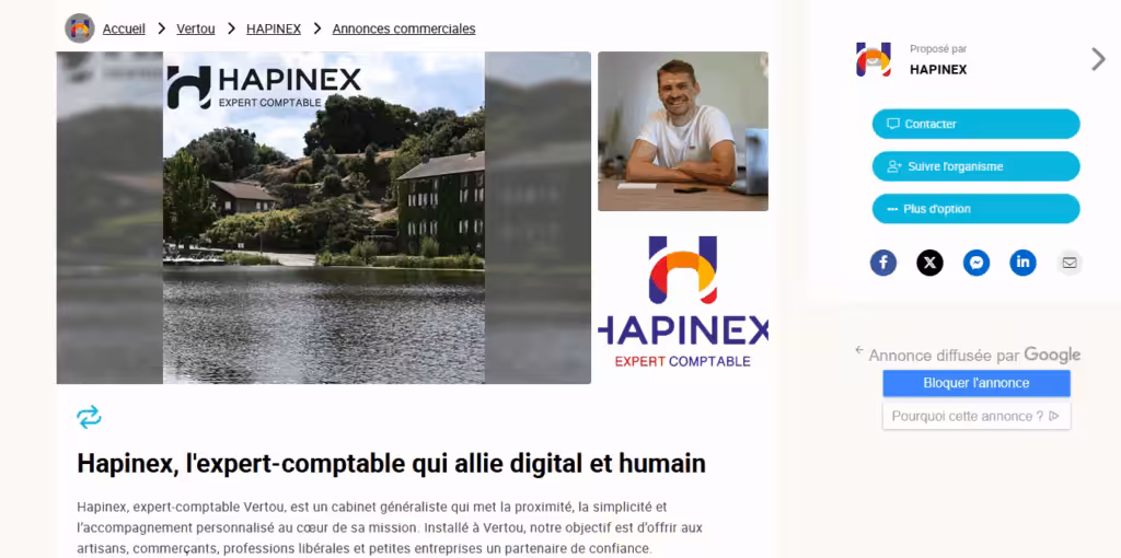 Capture d’écran de l’annonce Hapinex, expert-comptable Vertou, publiée dans la rubrique Commerces et services sur Infolocale