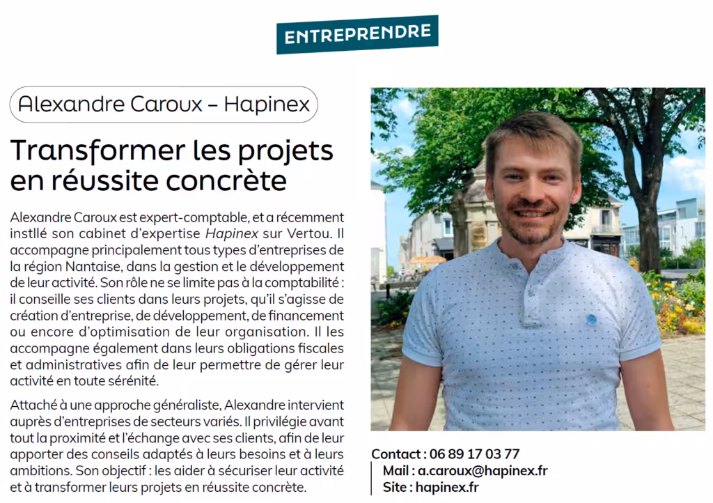 Couverture de l'article consacré au cabinet d'expertise comptable Hapinex dans le V'Mag n°432, présentant son implantation à Vertou et son accompagnement des entrepreneurs.